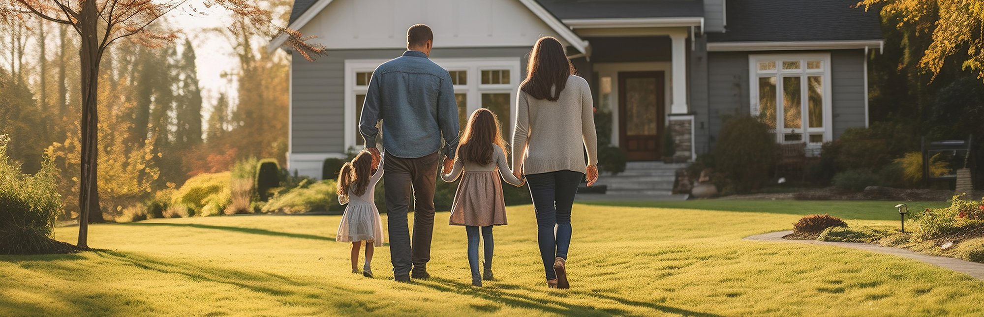 Family walking in front of home