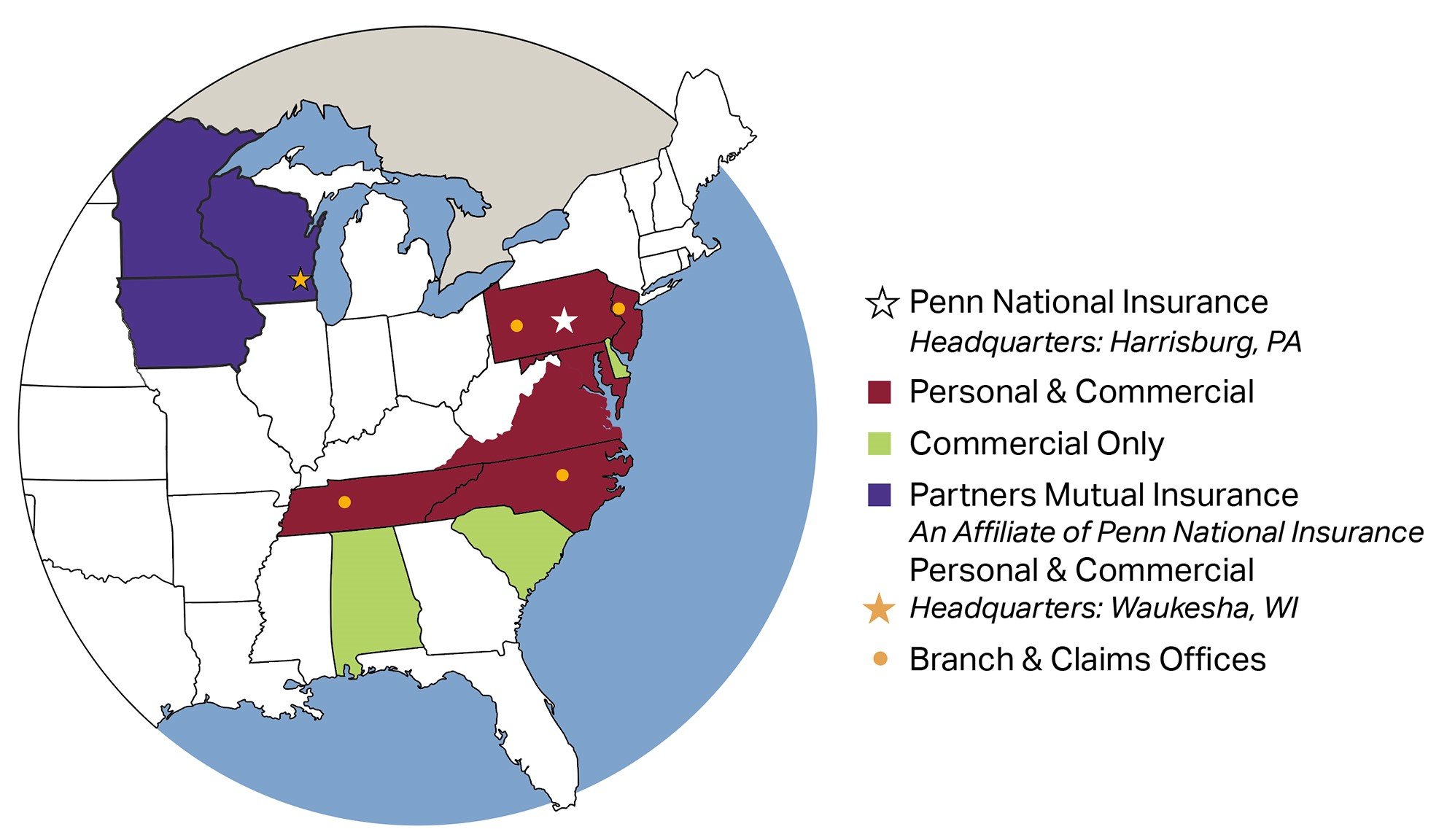 Map of States Where Penn National Insurance Writes